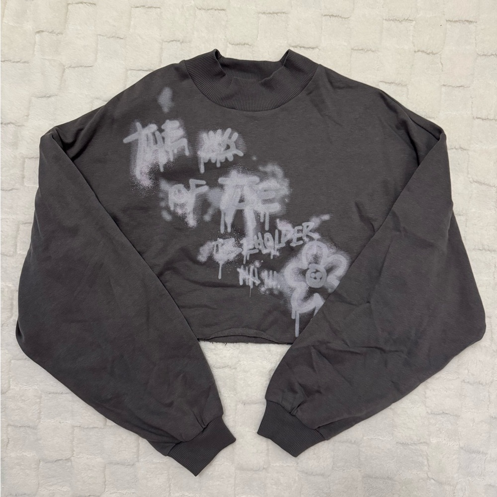 NWOT H&M Gray Graphic Cropped Oversized Sweatshirt - Women’s X-Large - Picture 2 of 5